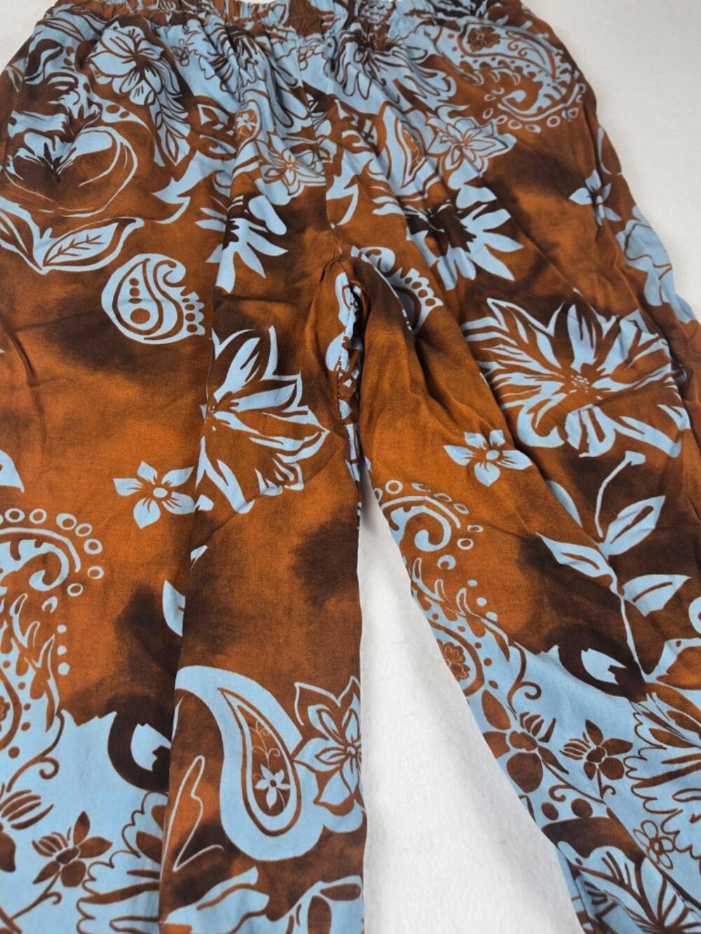 Floral Paisley Wide-Leg Pants Brown/Blue Made in Italy Size M 100% VIscose - Picture 6 of 11